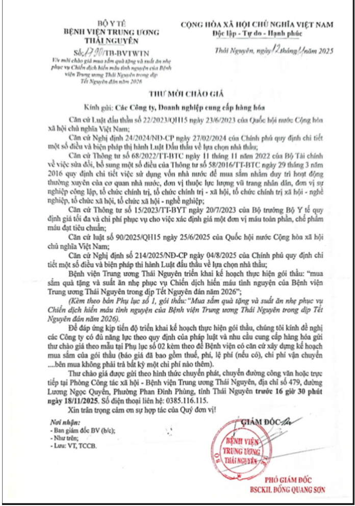 V/v mời chào giá mua sắm quà tặng và suất ăn nhẹ phục vụ Chiến dịch hiến máu tình nguyện của Bệnh viện Trung ương Thái Nguyên trong dịp  Tết Nguyên đán năm 2026