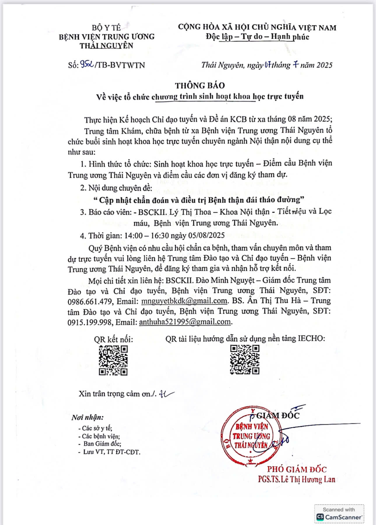 Thông báo về việc tổ chức chương trình sinh hoạt khoa học trực tuyến cập nhật chẩn đoán và điều trị Bệnh thận đái tháo đường