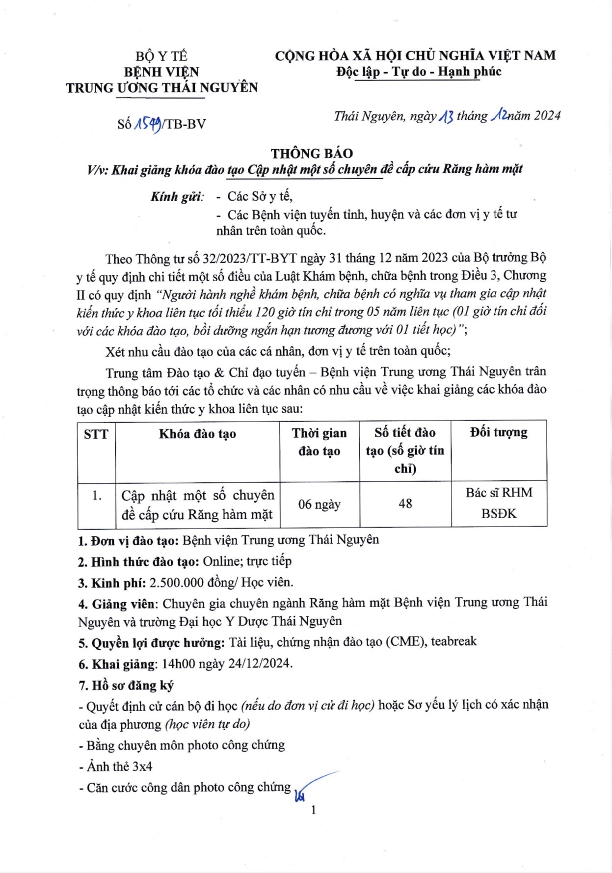 Thông báo: Về việc khai giảng khóa đào tạo Cập nhật một số chuyên đề cấp cứu Răng hàm mặt