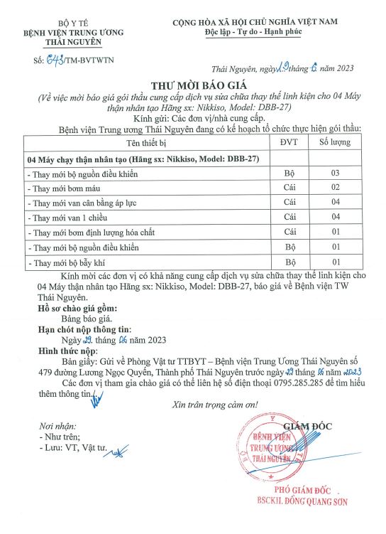 Thư mời báo giá dịch vụ sửa chữa thay thế linh kiện 04 máy thận nhân tạo Nikkiso