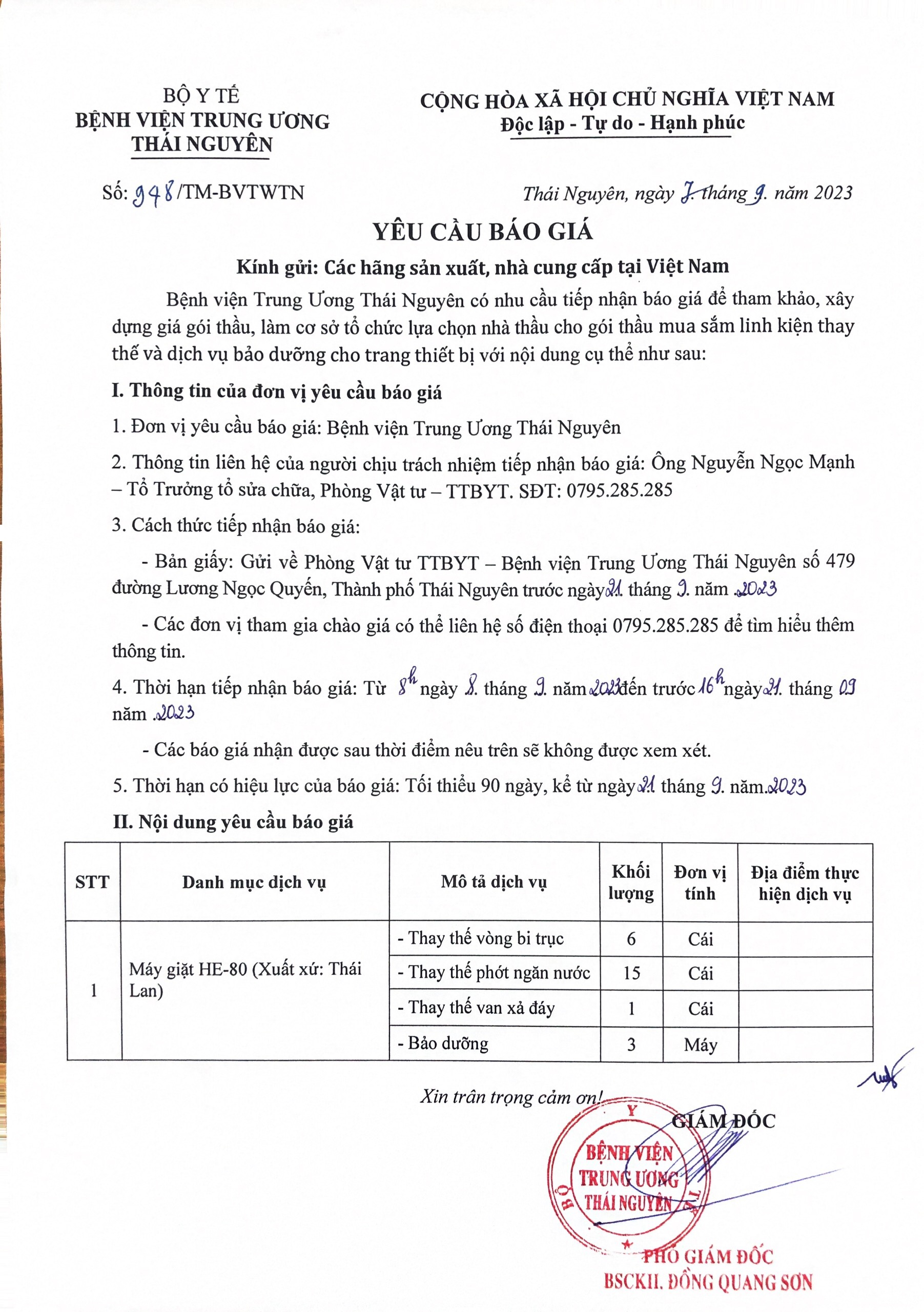 Yêu cầu báo giá Sửa chữa máy giặt HE-80 (Thái Lan)