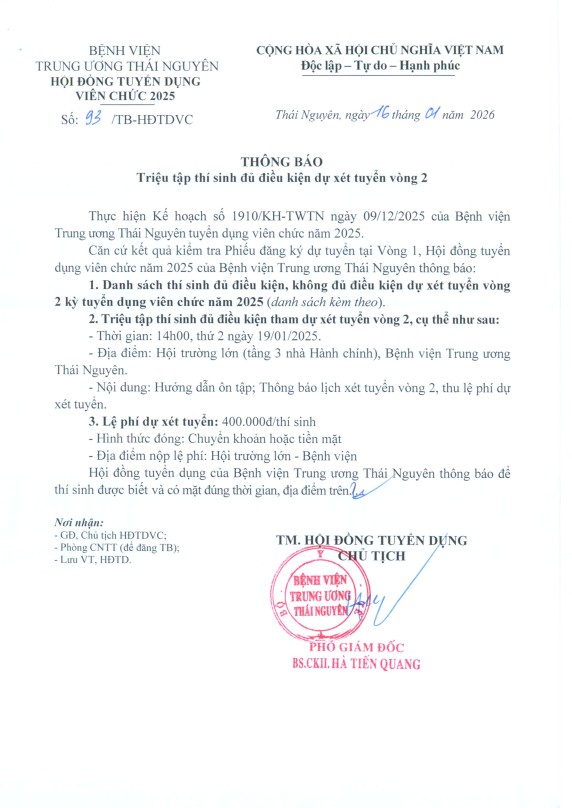 Thông báo: Triệu tập thí sinh đủ điều kiện dự xét tuyển vòng 2