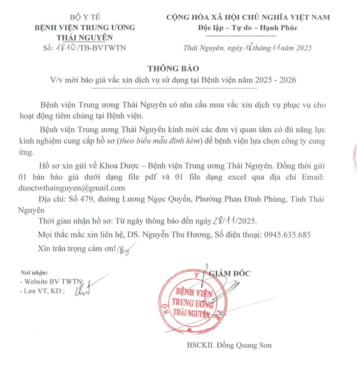 Mời báo giá vắc xin dịch vụ sử dụng tại Bệnh viện năm 2025-2026