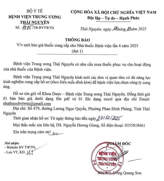 Mời báo giá thuốc cung cấp cho nhà thuốc bệnh viện lần 4