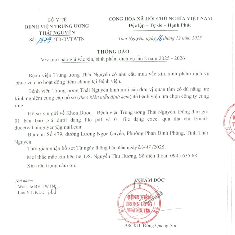 Mời báo giá vắc xin, sinh phẩm dịch vụ lần thứ 2 năm 2025-2026