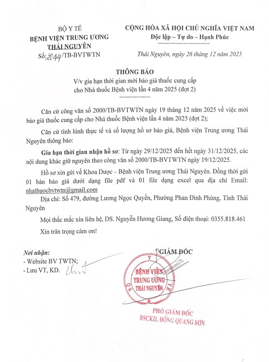 Thông báo gia hạn thời gian mời báo giá cung cấp cho nhà thuốc Bệnh viện đợt 4 - 2025