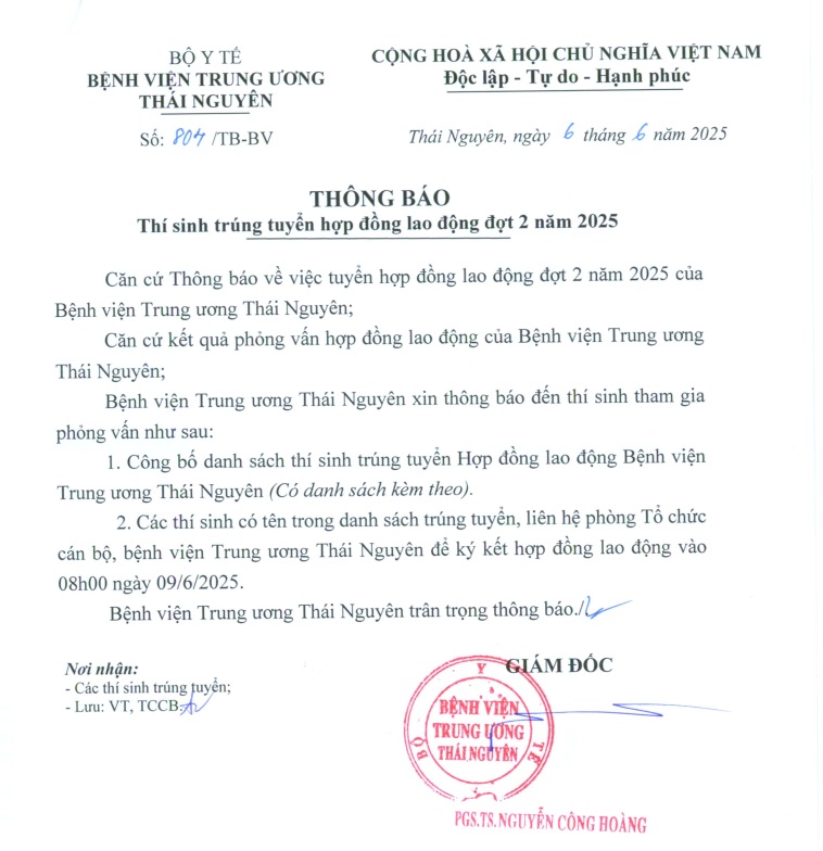Thông báo trúng tuyển HĐLĐ đợt 2 năm 2025