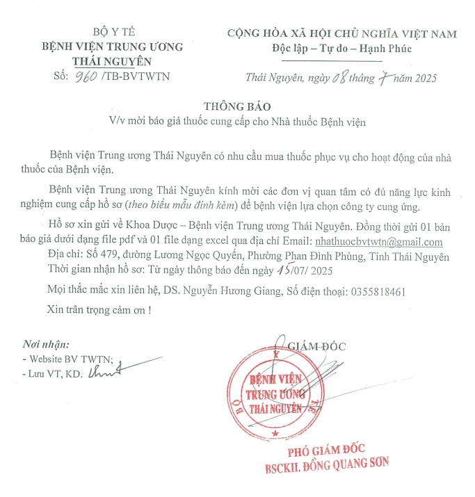 Mời báo giá thuốc cho nhà thuốc Bệnh viện