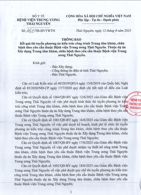 Thông báo: Kết quả thi tuyển phương án kiến trúc công trình Trung tâm khám, chữa bệnh theo yêu cầu thuộc Bệnh viện Trung ương Thái Nguyên, thuộc dự án Xây dựng Trung tâm khám, chữa bệnh theo yêu cầu thuộc Bệnh viện Trung ương Thái Nguyên