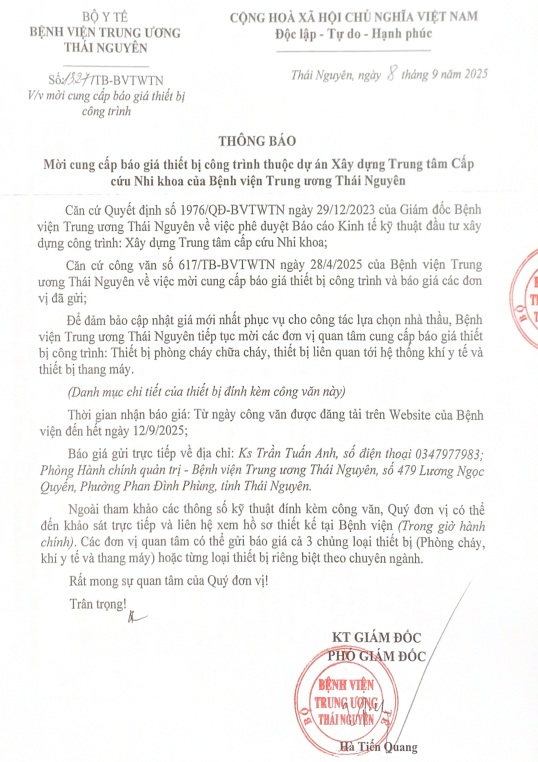 Báo giá thiết bị công trình dự án Xây dựng trung tâm cấp cứu nhi - BVTWTN