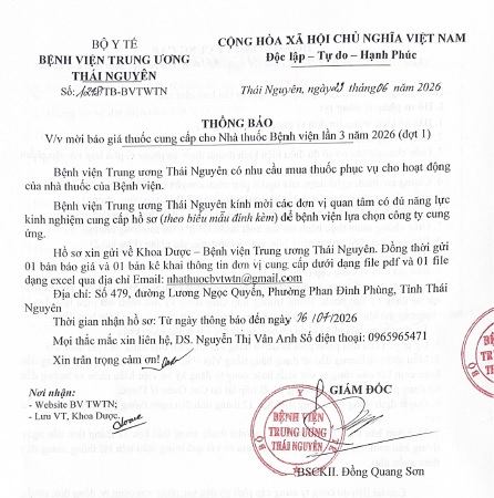 Báo giá cung cấp thuốc cho nhà thuốc bệnh viện lần 3 năm 2026