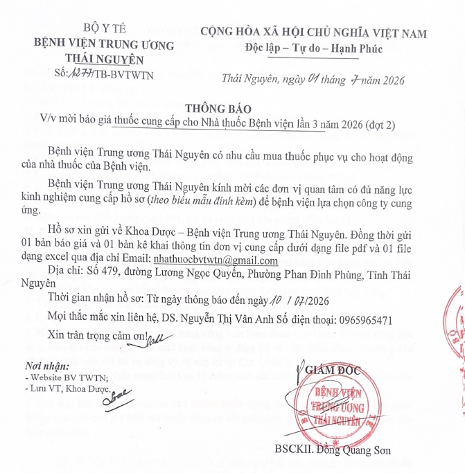 Báo giá cung cấp thuốc cho nhà thuốc bệnh viện lần 3 năm 2026 (đợt 2)
