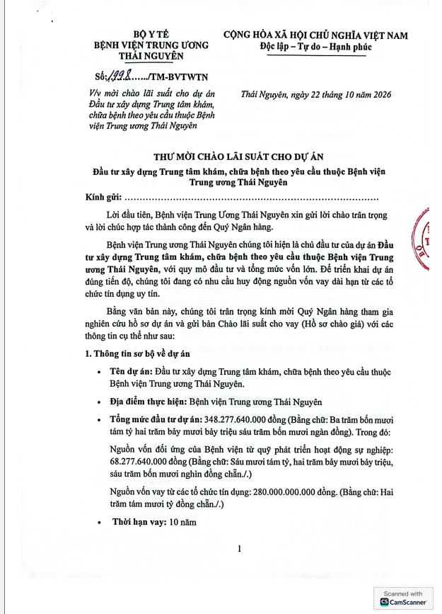 Thư mời chào lãi suất cho dự án: Đầu tư xây dựng Trung tâm khám, chữa bệnh theo yêu cầu thuộc Bệnh viện Trung ương Thái Nguyên