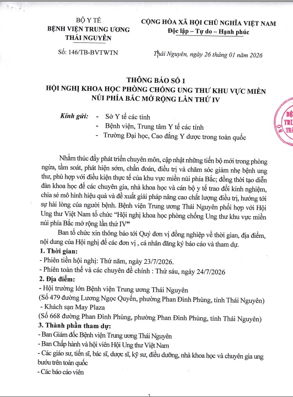 Thông báo số 1 : Hội nghị khoa học phòng chống ung thư khu vực miền núi phía bắc mở rộng lần thử IV