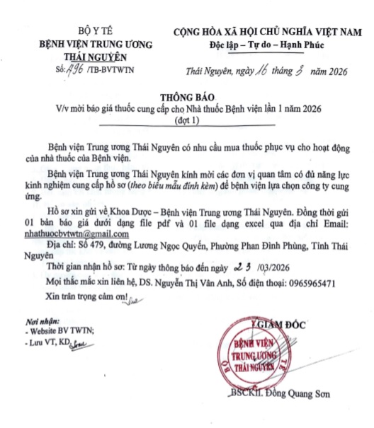 Mời báo giá thuốc cung cấp cho nhà thuốc Bệnh viện lần 1 năm 2026