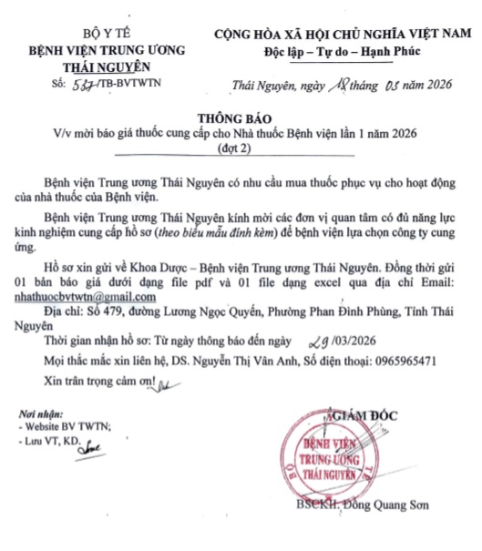 Mời báo giá thuốc cung cấp cho nhà thuốc Bệnh viện lần 1 năm 2026 đợt 2