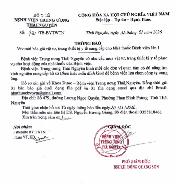 Thông báo mời báo giá vật tư, trang thiết bị y tế cung cấp cho nhà thuốc bệnh viện lần 1