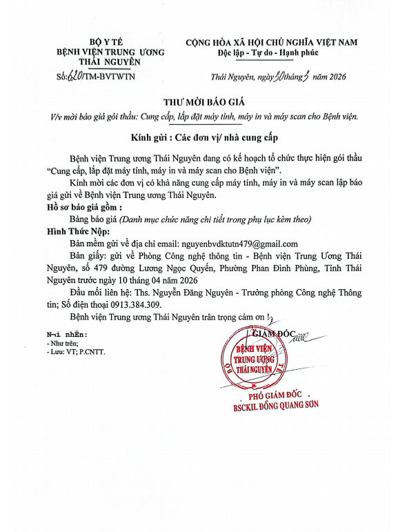 Thư mời chào giá gói thầu : Cung cấp, lắp đặt máy tính, máy in và máy scan cho bệnh viện