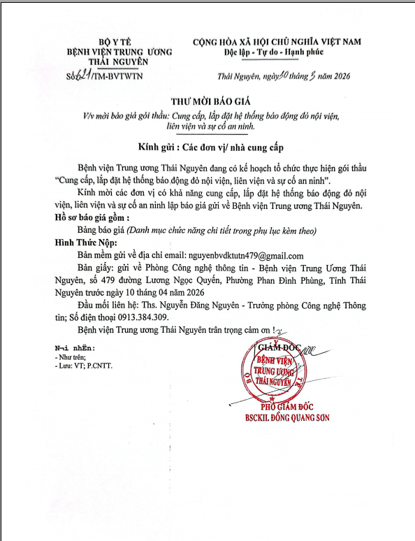 Thư mời chào giá gói thầu : Cung cấp, lắp đặt hệ thống báo động đỏ nội viện, liên viện và sự cố an ninh