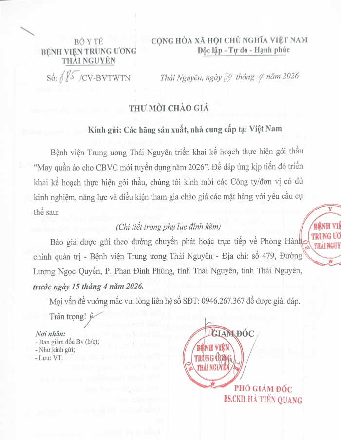 Thư mời chào giá gói thầu : May quần áo cho CBVC mới tuyển dụng năm 2026