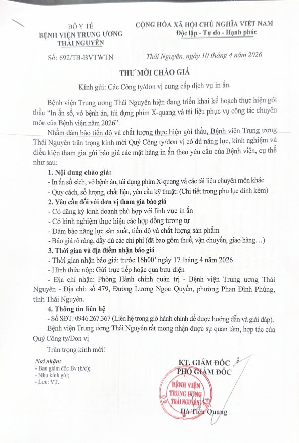 Thư mời chào giá gói thầu : In ấn sổ, vỏ bệnh án, túi đựng phim X-Quang và tài liệu phục vụ công tác chuyên môn của bệnh viện năm 2026