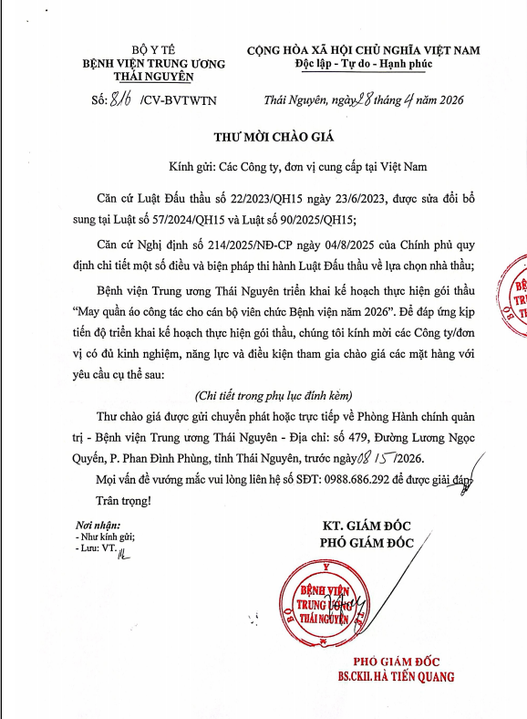 Thư mời chào giá gói thầu : May quấn áo công tác cho cán bộ viên chức Bệnh viện năm 2026