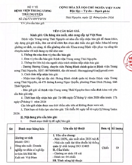 Mời báo giá gói thầu: Mua bổ sung giường sơ sinh,xe cáng,tủ đầu giường cho các khoa trong Bệnh viện