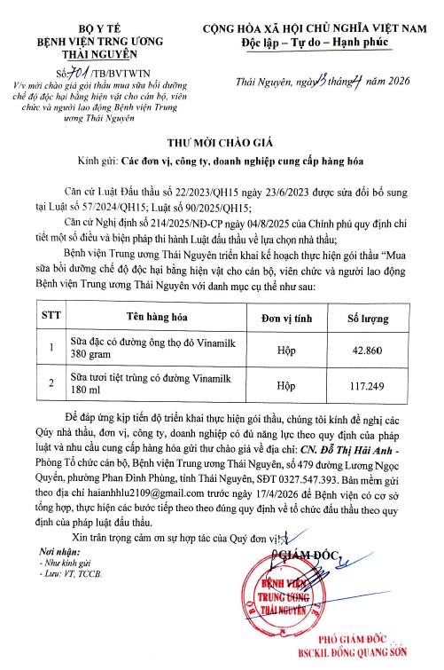 Thư chào giá gói thầu mua sữa bồi dưỡng chế độ độc hại bằng hiện vật cho cán bộ, viên chức và người lao động BVTW Thái Nguyên