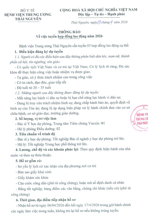 Thông báo: Cần tuyển 03 hợp đồng lao động (Bs y học dự phòng, điều dưỡng)