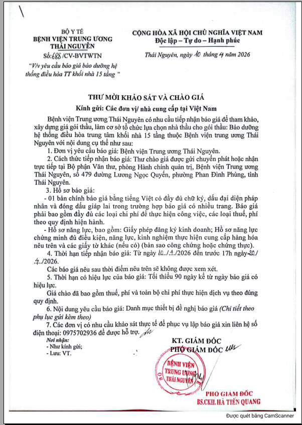 Thư mời khảo sát và chào giá : bảo dưỡng hệ thống điều hòa TT khối nhà 15 tầng