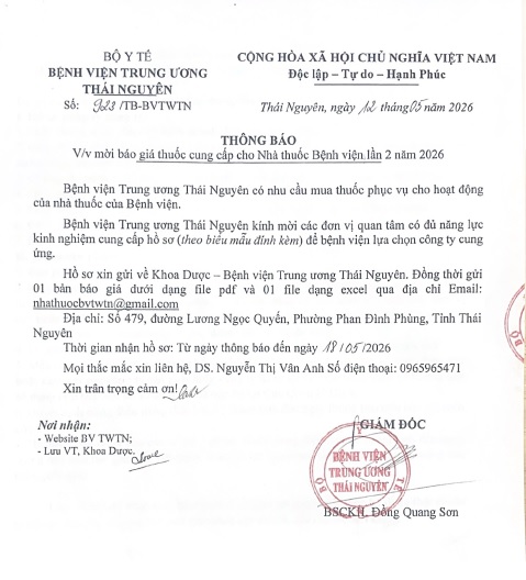 Thông báo mời báo giá cung cấp nhà  thuốc Bệnh viện lần 2  đợt 2 năm 2026