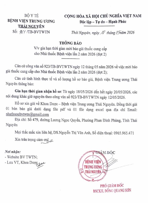 Mời báo giá thuốc cung cấp cho nhà thuốc Bệnh viện lần 2 năm 2026 (đợt 3)