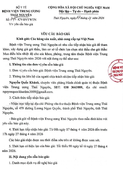 Yêu cầu báo giá cho gói thầu: Mua điều hòa nhiệt độ cho các khoa phòng, trung tâm thuộc bệnh viện TW Thái Nguyên năm 2026