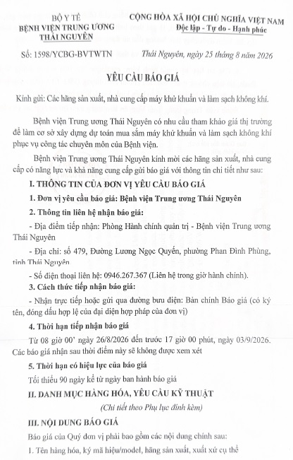 Yêu cầu báo giá cung cấp máy khử khuẩn và làm sạch không khí