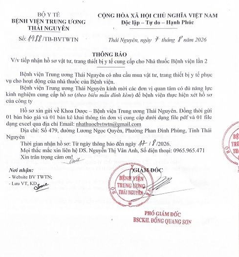 Thông báo tiếp nhận hồ sơ vật tư, trang thiết bị y tế cung cấp cho nhà thuốc Bệnh viện lần 2